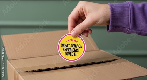 Hand placing great service and experience sticker on cardboard box to illustrate customer satisfaction with delivery box