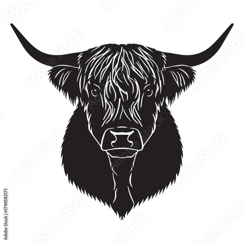 Black and white graphic illustration of a highland cow head with long horns and shaggy fur