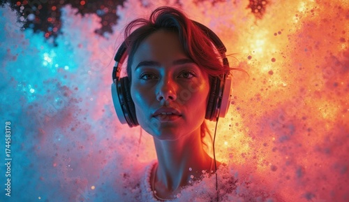 Young woman enjoying music with headphones surrounded by colorful foam and vibrant lights
