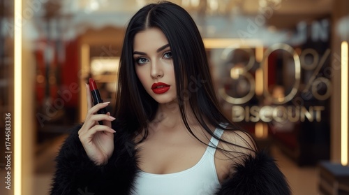 Young woman holding lipstick in a beauty store with a 30% discount sign in the background