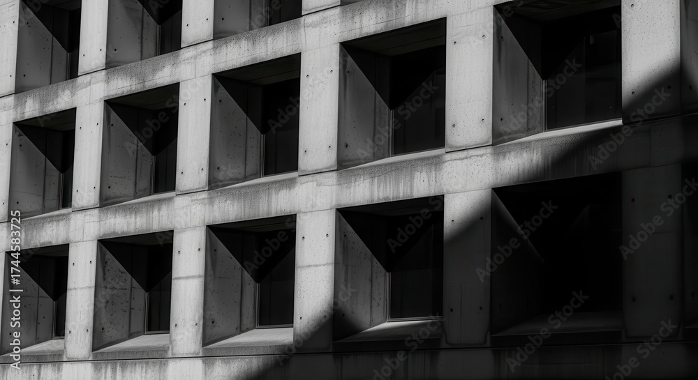 Fototapeta premium Brutalist concrete building facade with repetitive square windows and dramatic shadows