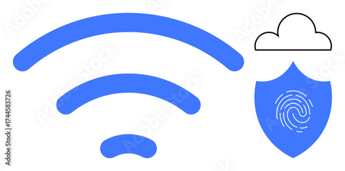 Blue wireless signal icon next to a shield with fingerprint and cloud element. Ideal for cybersecurity, cloud technology, data protection, wireless networks, authentication, connectivity, simple flat