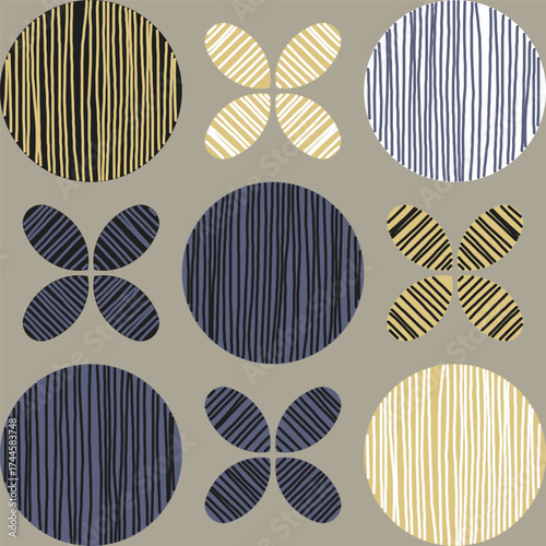 Abstract seamless pattern featuring large circles and smaller quatrefoil shap...