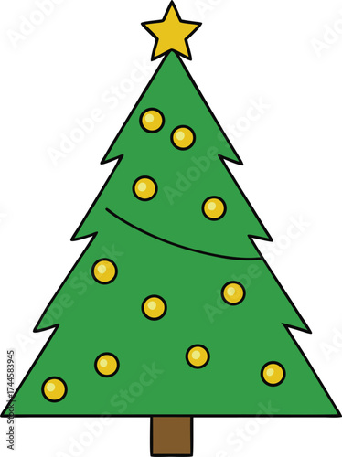 Festive Cartoon Christmas Tree with Yellow Ornaments and Star, Simple Holiday Vector Graphic
