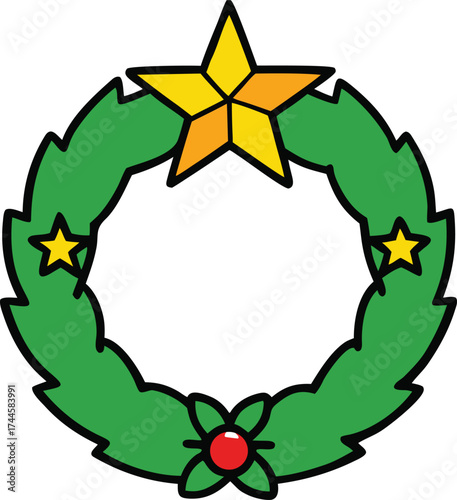 Cartoon Christmas Wreath with Gold Stars and Red Berries