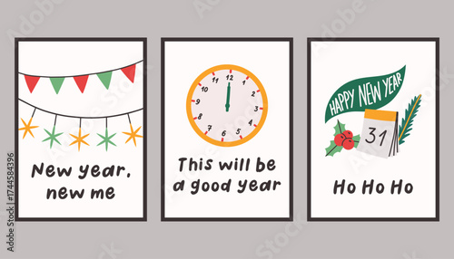 Collection of three simple New Year and Christmas posters. Trendy winter vector poster set with quotes. Hand drawn doodle cozy posters for home decor and interior.