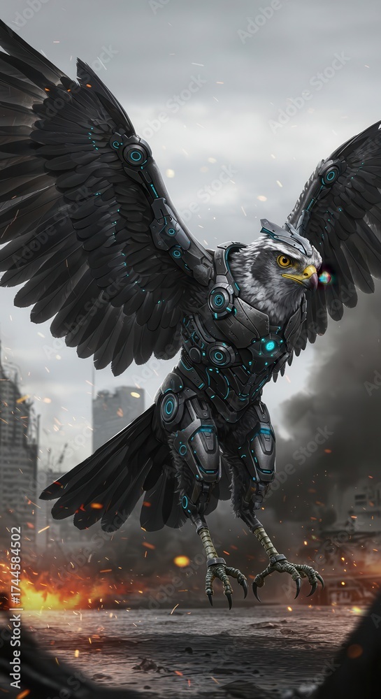 Fototapeta premium A futuristic, cybernetic hawk creature with its wings spread wide is depicted against a backdrop of a desolate, post-apocalyptic cityscape with fire burning.