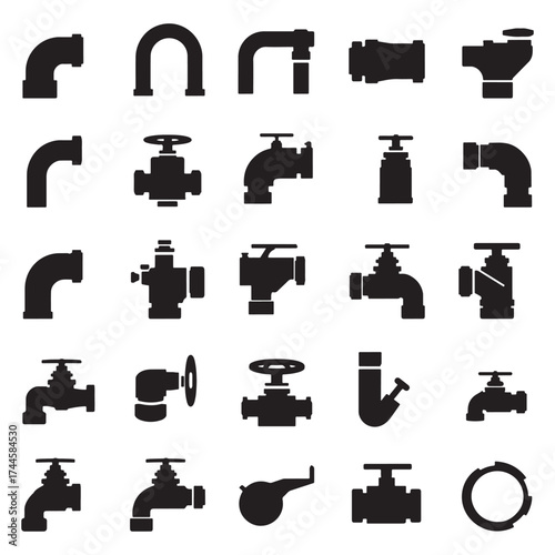 Collection of plumbing fittings and valves in black silhouette on white background