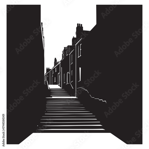 Dark alleyway with sunlight streaks between old buildings