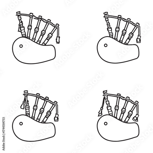 Four identical line art illustrations of bagpipes on a white background