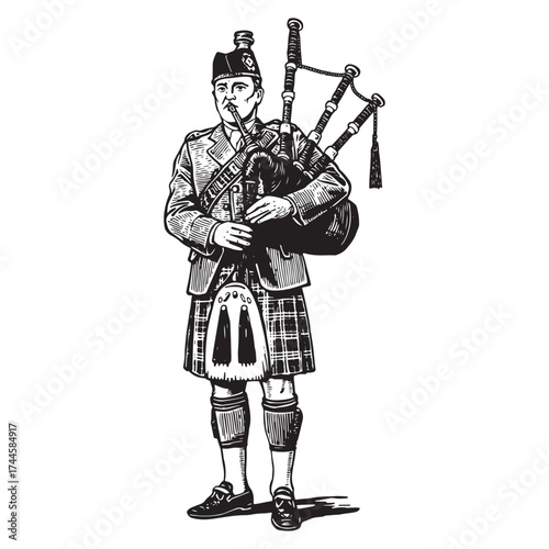 Scottish bagpiper in traditional kilt and uniform playing bagpipes Vector Art