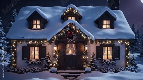 Cozy Winter Cottage with Christmas Lights and Candlelight