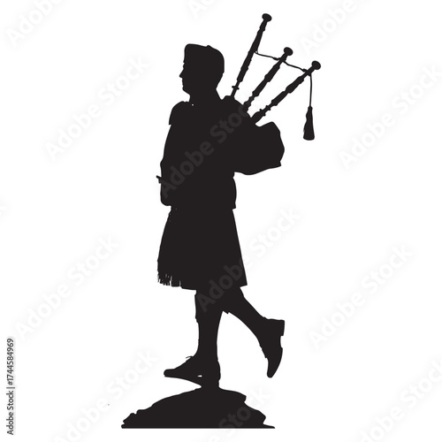 Silhouette of a bagpiper in traditional scottish kilt playing bagpipes Vector Art