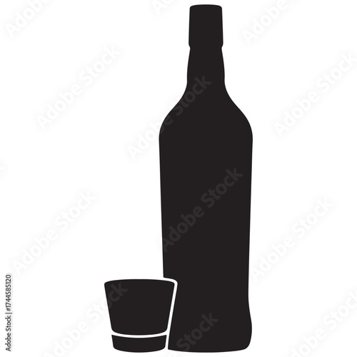 Silhouette of a dark glass bottle next to a small shot glass on a white background