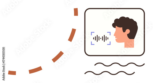 Human profile emitting sound waves with scanning interface highlights audio input, voice recognition, and AI analysis. Ideal for technology, communication, AI, software, data, accessibility