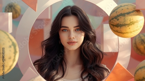 Young woman with long hair and striking eyes framed by colorful geometric shapes and floating melons