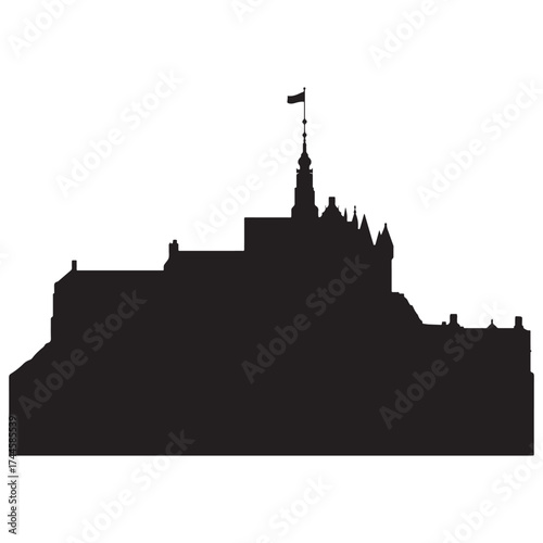 Silhouette of mont saint michel island commune and abbey against a white background