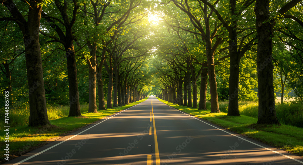 Obraz premium Sunlit Country Road Framed By Lush Green Trees Creating A Serene Driving Experience