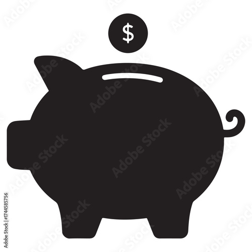 Simple black silhouette of a piggy bank with a coin dropping in