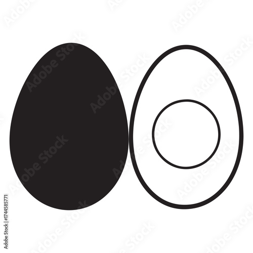 Simple graphic illustration of a whole black egg and a halved white egg showing yolk outline