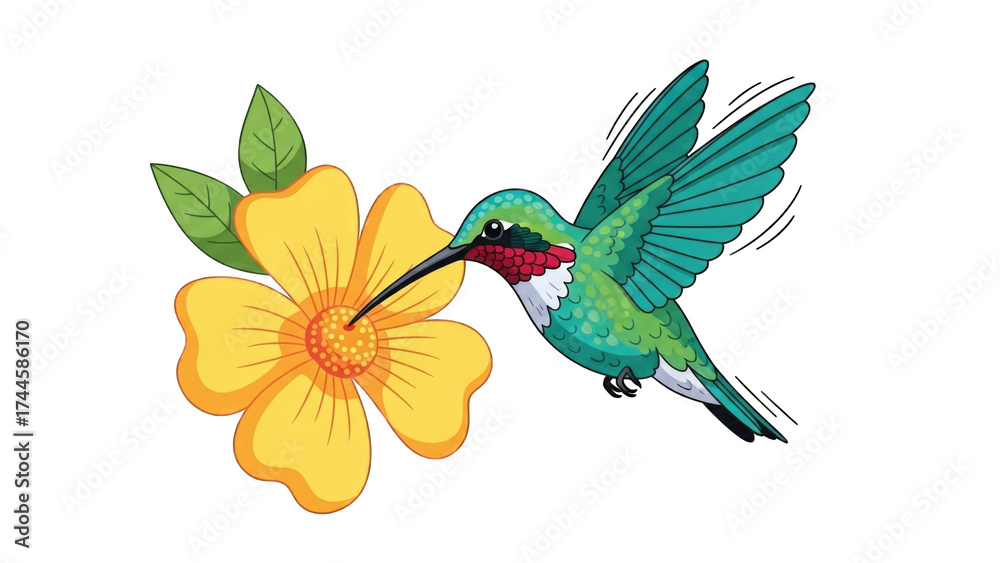Obraz premium Colorful hummingbird feeding on vibrant yellow flower (2)