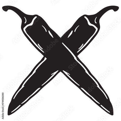 Two crossed black chili peppers forming an x shape on a white background