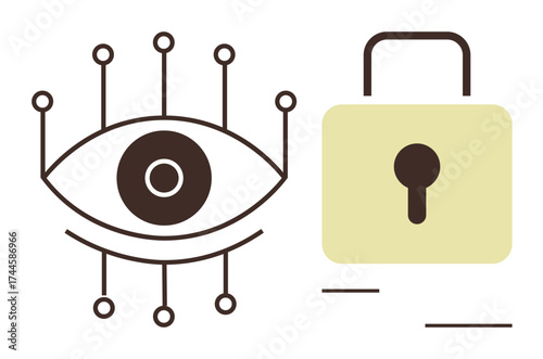 Eye with data connectivity nodes next to a secured padlock symbolizing privacy, cybersecurity, and data protection. Ideal for online security, privacy policies, digital safety, encryption, data