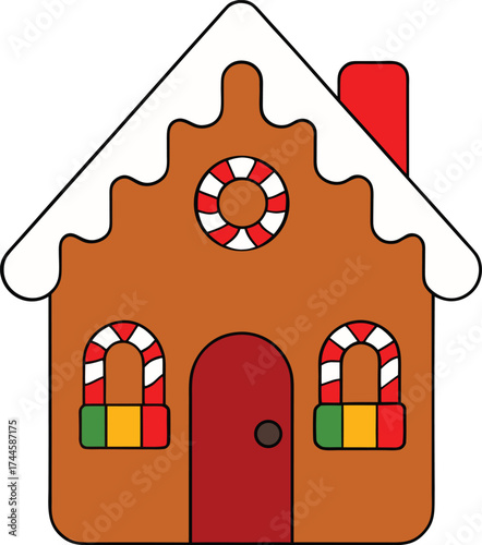 Cute Cartoon Gingerbread House with Candy Cane Decorations, Christmas Holiday Icon
