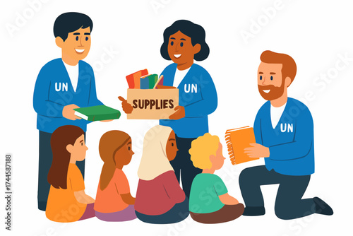 UN Distributing Books to Children Vector