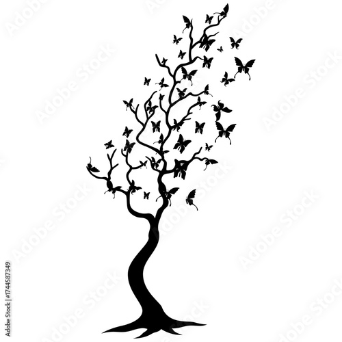 Silhouette of a stylized tree with numerous fluttering butterflies in its branches, symbolizing nature and transformation