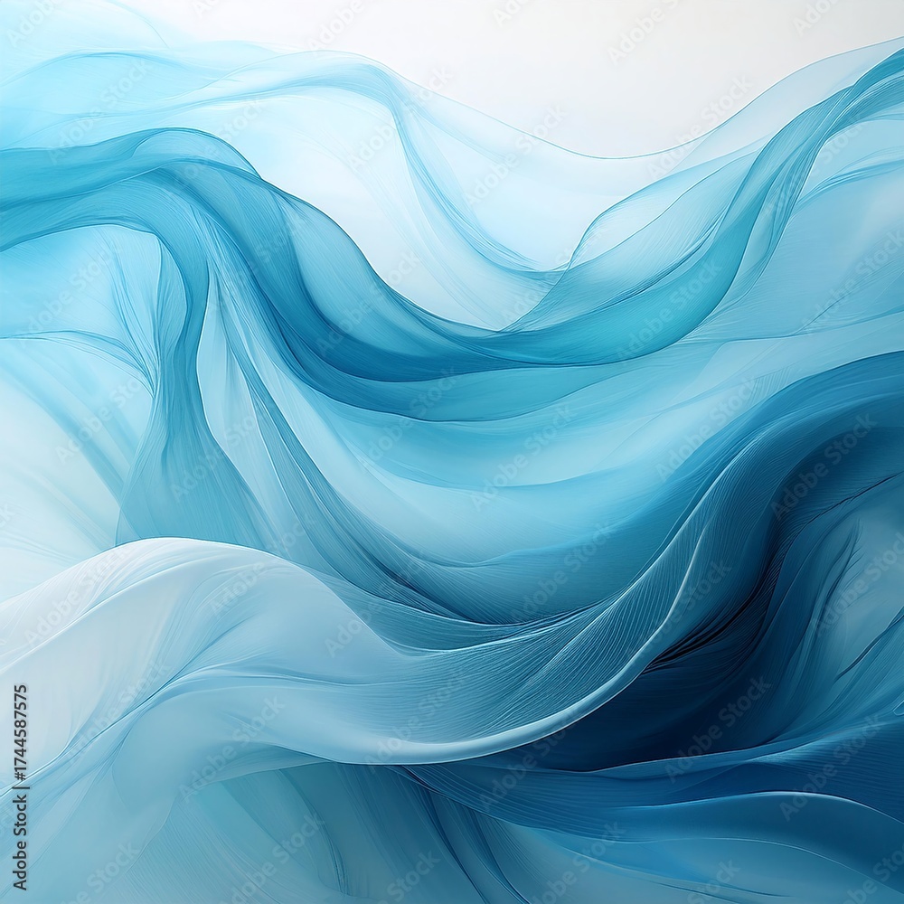 Fototapeta premium Hints: Flowing, airy, color Description: An image showing ethereal, flowing forms in various shades of blue. The airy composition suggests movement and softness, as light interacts with the color. The