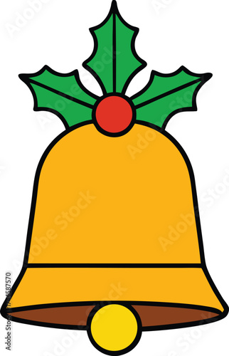 Golden Christmas Bell with Holly Leaves and Red Berry Vector Icon