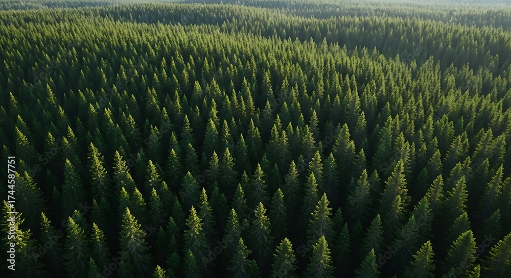 Fototapeta premium Aerial View of Lush Green Forest Canopy with Sunlight, Nature, Wilderness, and Drone Shot.
