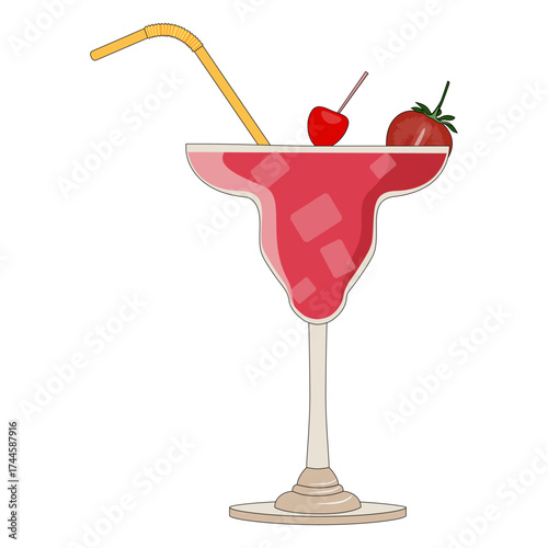 Refreshing red cocktail illustration in margarita glass with strawberry, cherry, yellow straw