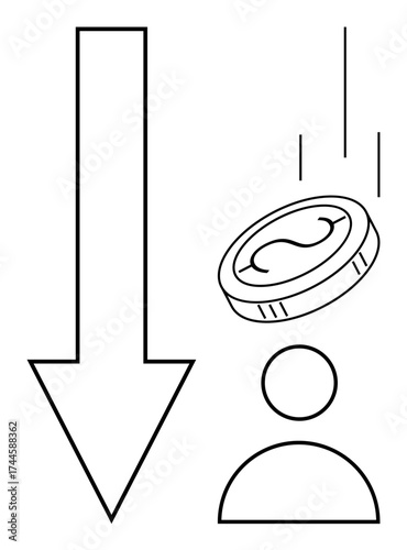 Downward arrow pointing next to a figure with a coin falling over them. Ideal for finance, economy, debt, inflation, recession, personal finance, business challenges. Simple flat metaphor