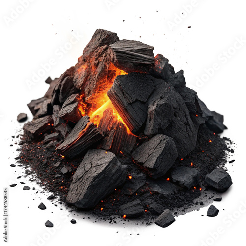 Emberglow: Dramatic charcoal pile with fiery embers, ideal for energy, industry, or environmental concepts. Ignite your next project with this vibrant image.