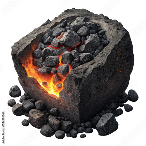 Captivating cube of rough stone filled with bright molten lava, symbolizing raw power, intense energy, or geological phenomenon with a touch of mystery