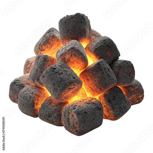 Glowing charcoal embers evoke warmth and comfort, ideal for grilling, barbeque, or outdoor cooking promotions, radiating heat and inviting summer vibes