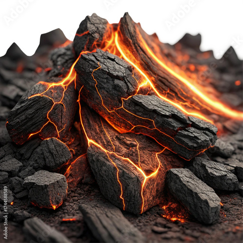 Erupting energy from fractured coal, glowing with heat and power, a visual metaphor for potential and transformation, ideal for industrial themes