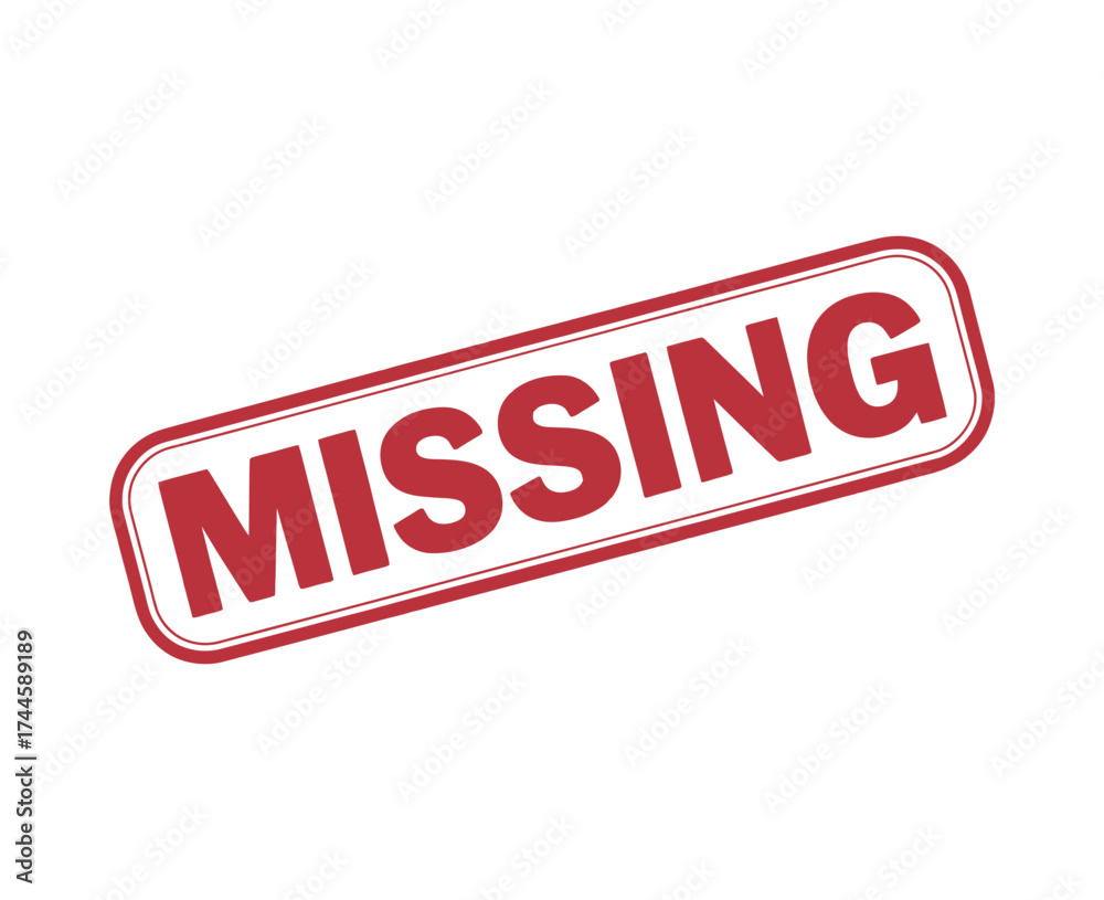 Fototapeta premium Red and white distressed missing person poster stamp with text missing in bold red letters