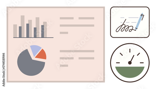 Bar graph, pie chart, handwritten signature, and speedometer concept for data analysis, productivity, and performance tracking. Ideal for business, finance, marketing progress tracking reporting
