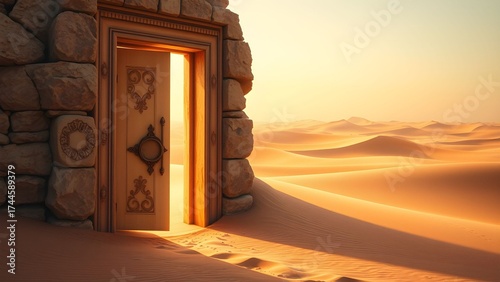 Gateway to Mystery: An Ancient, Carved Wooden Door Ajar in a Stone Wall, Revealing a Bright, Mysterious Light in the Middle of Golden Desert Sand Dunes.