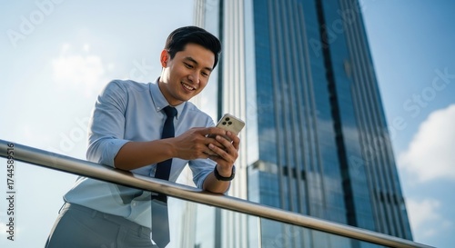 Modern Asian Entrepreneur Connecting,  Managing Social Media, & Networking on Smartphone in a City Skyscraper Backdrop