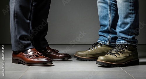 Footwear fashion diverse footwear choices formal wear with leather loafers and blue denim jeans with hiking boots