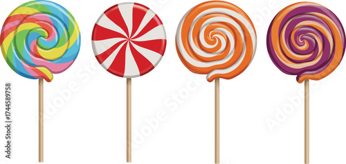 Colorful spiral lollipop collection, assorted candy illustration, sweet dessert treats on sticks, vibrant confectionery vector design for children, parties, and packaging
