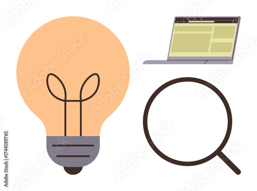 Lightbulb, laptop displaying a web page, magnifying glass emphasizing ideas, research, technology, and problem-solving. Ideal for innovation, creativity, search technology education business