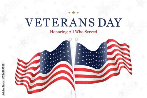 Vector banner with waving American flags for Veterans Day and patriotic USA holidays. USA background for celebration, honor and national pride events.