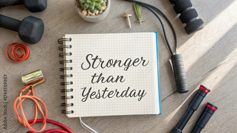 Obraz premium Motivational Fitness Quote on Notebook Surrounded by Exercise Equipment, Inspiration for Healthy Lifestyle Choices