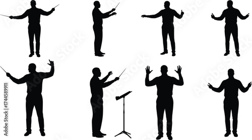 Silhouette orchestra conductor holding baton, directing musicians, music leader performing, symphony rehearsal, concert performance, classical art, music control, vector illustration