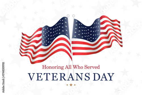 Vector banner with waving American flags for Veterans Day and patriotic USA holidays. USA background for celebration, honor and national pride events.